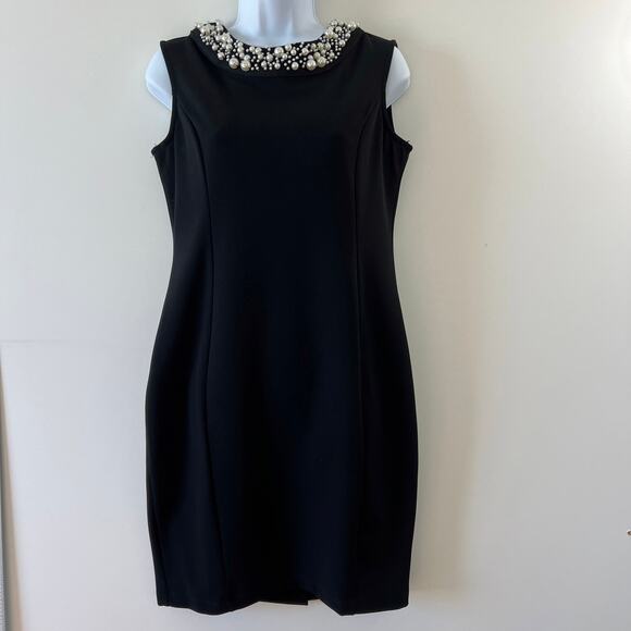 Marina Black Pearl Collar Sleeveless Stretch Sheath Dress Womens 6 Petite - Picture 2 of 14